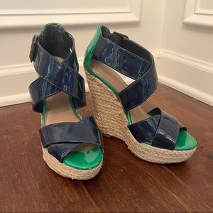 Xhilaration Blue and Green Patent Espadrille Wedge Sandals- sz 6